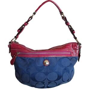 Y2k Coach Shoulder Bag Laura Signature Hobo Purse Denim Navy Pink Leather F14938